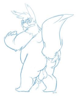 anthro balls belly butt eyewear genitals glasses male overweight overweight_male penis simple_background solo tail white_background bravo nintendo pokemon generation_3_pokemon pokemon_(species) zangoose 2015 blue_and_white monochrome sketch