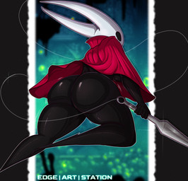 2_horns abstract_background anthro back_boob big_butt black_eyes bottomless breasts bubble_butt butt butt_focus cloak clothed clothing curvy_figure empty_eyes female glistening glistening_body holding_object holding_weapon horn huge_butt huge_thighs looking_back low-angle_view mostly_nude motion_lines nail_(weapon) partially_clothed perspective pose rear_view solo text thick_thighs topwear under_boob upskirt weapon wide_hips edgeartstation hollow_knight_(franchise) team_cherry hornet_(hollow_knight) arthropod insect 2023 absurd_res digital_media_(artwork) english_text hi_res signature