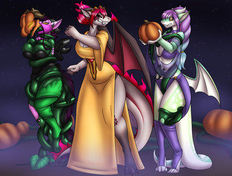 anthro big_breasts black_clothing black_leotard black_sclera bound breasts brown_body clothed clothed_anthro clothed_female clothing digitigrade dress drone dronification encasement female food for_a_head fruit fur_ridge goo_transformation green_body green_tentacles group hair holidays hypnosis leotard mind_control multicolored_body oral oral_penetration penetration pink_body plant pumpkin pumpkin_head purple_hair red_eyes red_hair restrained restrained_by_tentacles ringed_eyes submissive submissive_anthro submissive_female tail tan_body tentacle_around_leg tentacle_in_mouth tentacle_penetration tentacles transformation trio two_tone_body wings yellow_clothing yellow_dress koekoek halloween mythology aisha_lauer emanuela_(dragonmaster2653) veneca_burnstone dragon living_pumpkin mythological_creature mythological_scalie object_head scalie 2025 english_description hi_res story story_in_description