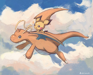 ambiguous_gender antennae_(anatomy) anthro blue_eyes brown_eyes claws cloud duo flying membrane_(anatomy) membranous_wings open_mouth orange_body riding_on_back size_difference sky sky_background sparkles tail wings yellow_body dietranch mythology nintendo pokemon dragon dragonite generation_1_pokemon generation_2_pokemon mythological_creature mythological_scalie pichu pokemon_(species) scalie shiny_pokemon 2025 hi_res signature