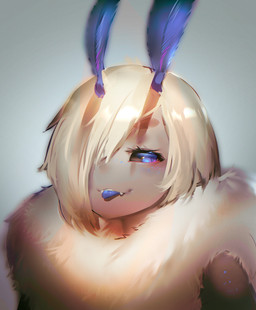 antennae_(anatomy) anthro biped black_sclera blonde_hair blue_antennae blue_eyes blue_tongue cute_fangs fangs female hair hair_over_eye one_eye_obstructed simple_background solo teeth tongue tongue_out utterangle arthropod insect lepidopteran moth absurd_res hi_res