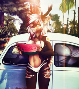 anthro antlers areola breasts clothed clothing ear_piercing facial_piercing female food fruit holding_food holding_object horn industrial_piercing lip_piercing looking_at_viewer melon nipples outside piercing plant smile solo teeth topless underwear watermelon watermelon_slice alenkavoxis volkswagen_beetle deer mammal digital_media_(artwork) shaded