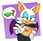 anthro bat big_breasts breast_squish breasts clothed clothing clothing_lift dialogue_box female flashing flashing_breasts hand_on_hip hi_res looking_at_viewer mammal question_mark rouge_the_bat sega shirt shirt_lift simple_background smile smirk solo sonic_the_hedgehog_(series) sournack squish topwear