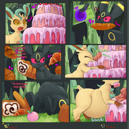 belly big_belly black_body black_fur bread cake dessert duo feral food fur inside overweight red_sclera text weight_gain yellow_body yellow_fur yellow_sclera gummyfruitcup nintendo pokemon pokemon_mystery_dungeon spike_chunsoft eeveelution generation_2_pokemon generation_4_pokemon leafeon pokemon_(species) umbreon 1:1 2024 comic hi_res