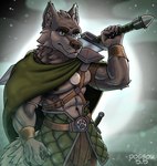 abs anthro armor biceps cape clothed clothing collar fur green_eyes jewelry male medieval medieval_clothing melee_weapon multicolored_body multicolored_fur muscular muscular_anthro muscular_male neck_tuft nipples pecs simple_background solo solo_in_panel sword sword_on_back tail tuft two_tone_body two_tone_fur weapon dogboy55_artss far_beyond_the_world_(series) ranok_(far_beyond_the_world) canid canine canis mammal wolf absurd_res digital_drawing_(artwork) digital_media_(artwork) hi_res shaded