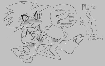 anthro anus blush bodily_fluids claws cloacal_penis embarrassed erection genitals male penis sitting solo sweat text carnesofrita bandai_namco digimon digimon_(species) pulsemon partially_translated spanish_text translation_check translation_request