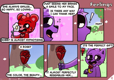 anthro apple black_eyes blush blush_lines bodily_fluids daydream duo exclamation_point female flower food fruit fur grass heart_symbol male one_eye_closed outside paws pink_eyes plant pupils purple_body purple_fur red_body red_fur romantic shrub speech_bubble sweat sweatdrop text thorns tree white_pupils tinky mob_entertainment poppy_playtime smiling_critters bobby_bearhug catnap_(poppy_playtime) canid canine canis domestic_cat domestic_dog felid feline felis mammal comic english_text hi_res url