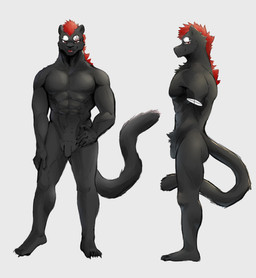 anthro black_body black_fur eyebrow_scar eyebrows facial_scar flaccid fur genitals hair humanoid_genitalia humanoid_penis looking_at_viewer male muscular muscular_anthro muscular_male nude_anthro nude_male penis red_eyes red_hair scar solo cyanusowo felid mammal pantherine 2019 hi_res