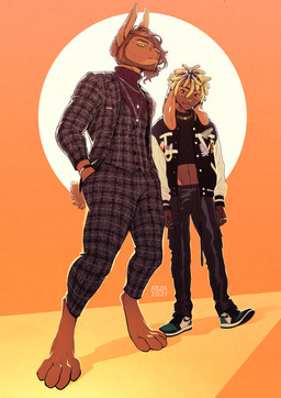anthro beard black_bottomwear black_clothing black_jacket black_pants black_topwear bottomwear brown_beard brown_eyes brown_facial_hair brown_hair clothed clothing digitigrade dreadlocks duo facial_hair floppy_ears fur grey_bottomwear grey_clothing grey_pants grey_suit hair hand_in_pocket jacket male mouth_closed narrowed_eyes orange_body orange_eyes orange_fur pants plantigrade pockets simple_background standing suit text topwear azuza lagomorph leporid mammal rabbit 2021 artist_name dated