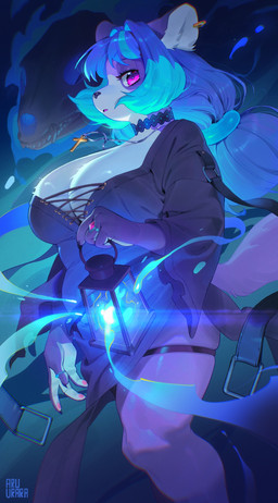 anthro biped blue_hair breasts claws clothed clothed_anthro clothed_female clothing cross cross_necklace dress female fingers fire floating_skull front_view fur hair jewelry lamp lantern looking_at_viewer magic_user multicolored_hair necklace necromancer piercing solo standing tail two_tone_hair aruurara satori_(aruurara) canid canine mammal raccoon_dog tanuki 2026 digital_drawing_(artwork) digital_media_(artwork) hi_res