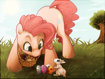 ambiguous_gender basket blue_eyes container cutie_mark detailed_background duo easter_basket egg eye_contact female feral grass hair holidays looking_at_another pink_hair plant quadruped sun tail tree wood imalou easter friendship_is_magic hasbro my_little_pony pinkie_pie_(mlp) earth_pony equid equine horse lagomorph leporid mammal pony rabbit 4:3 hi_res