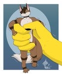 5_fingers ambiguous_gender anthro brown_body brown_fur duo extreme_size_difference fingers fluffy fluffy_tail fur hair holding_character male male_focus one_eye_closed size_difference smile solo_focus tail malekart canid canine mammal absurd_res digital_media_(artwork) hi_res