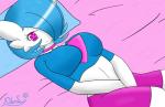 bedding big_breasts blue_hair breasts clothed clothing collar female gardevoir generation_3_pokemon hair heart_symbol hi_res jewelry looking_at_viewer lying mammal necklace nintendo not_furry pokemon pokemon_(species) simple_background smile solo theo_(xl_swat) white_body white_skin xl_swat