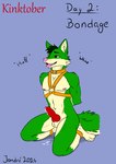 absurd_res animal_genitalia animal_penis anthro bdsm bodily_fluids bondage bound breath canid canine canine_genitalia canine_penis cum dripping erection fox fur genital_fluids genitals green_body green_fur hands_behind_back hands_tied_behind_back harness hi_res jondrethefurry kinktober male mammal open_mouth panting penis precum precum_drip saliva saliva_drip solo whining yellow_harness