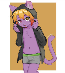 anthro claws clothing collarbone hair heterochromia hood inner_ear_fluff jacket male navel shirtless simple_background slightly_chubby smile smiling_at_viewer solo standing tail topwear tuft underwear young young_anthro young_male strayrozerem roze_(strayrozerem) domestic_cat felid feline felis mammal signature