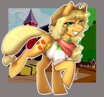 belt belt_buckle blonde_hair buckle clothed clothing cowboy_hat cutie_mark female feral freckles green_eyes hair hat headgear headwear kerchief smile solo thefoxwife friendship_is_magic hasbro my_little_pony applejack_(mlp) equid equine horse mammal pony hi_res