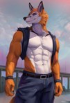 abs anthro biceps clothed clothing male muscular muscular_male partially_clothed smile smirk solo tuxedowolfo reformed_inu canid canine fox mammal hi_res