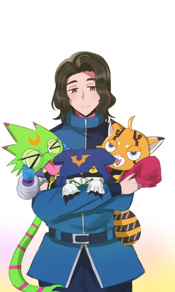 anthro black_body black_fur black_hair clothing eyewear female fur glasses green_body group hair hat headgear headwear hug male orange_body orange_fur tongue tongue_out yellow_eyes doodledigi bandai_namco digimon digimon_beatbreak kyo_sawashiro chiropmon digimon_(species) gekkomon human mammal pristimon 3:5 absurd_res hi_res