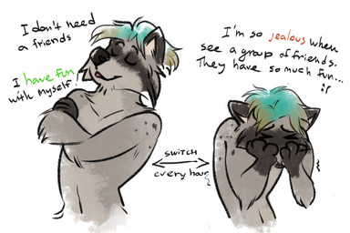 anthro arm_tuft black_body black_fur black_nose blue_hair cheek_tuft confident elbow_tuft eyes_closed facial_tuft front_view fur gloves_(marking) grey_body grey_fur hair male markings messy_hair navel nude sad short_hair silly simple_background simple_eyes solo text tuft unsigned white_background famir mammal procyonid raccoon english_text