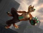 abs action_pose anthro biped bottomwear brown_body brown_fur brown_spots building claws clothed clothing cloud fur green_body green_eyes green_skin jumping male muscular muscular_anthro muscular_male on_roof outside pants parkour pawpads paws pose rooftop sky solo spikes spots topless white_body white_fur rhyu dinosaur hybrid hyena mammal prehistoric_species reptile scalie spotted_hyena 2015