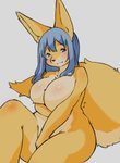 anthro blush body_blush breasts covering covering_crotch covering_self female fur hair kemono looking_at_viewer monotone_hair nude solo kogitune canid canine mammal 2020