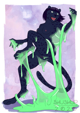 anthro breasts female genitals hair nipples nude open_mouth simple_background slime solo tentacles translucent translucent_body translucent_tentacles vulva shushup felid feline leopard mammal pantherine hi_res
