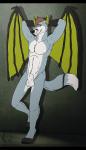 animal_genitalia anthro balls black_bars fully_sheathed genitals hands_behind_head leaning leaning_on_wall looking_at_viewer male membrane_(anatomy) membranous_wings nude pose sheath simple_background solo wings wyldelyn mill millennius bat canid canine fox hybrid mammal letterbox pinup