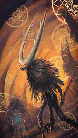 2_horns 4_fingers ambiguous_gender anthro biped black_body clothing fingers group holding_melee_weapon holding_object holding_weapon hood horn mask melee_weapon orange_eyes standing weapon jordirapture hollow_knight team_cherry herrah_(hollow_knight) hollow_knight_(character) lurien_(hollow_knight) monomon_the_teacher_(hollow_knight) infected_(species) vessel_(species) 2021 absurd_res hi_res painting_(artwork)