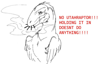 ambiguous_feral ambiguous_gender cigarette cigarette_in_mouth claws exclamation_point feathers feral object_in_mouth simple_background smoke smoking solo text white_background r3ychii dinosaur dromaeosaurid feathered_dinosaur feathered_scalie prehistoric_species reptile saurischian scalie theropod utahraptor monochrome