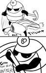 2_horns 2_panel_comic bandage biped black_eyes black_text cloak clothing dialogue duo fingers holding_pickaxe horn looking_at_another lying motion_lines on_front on_ground pickaxe simple_background sound_effects standing talking_to_another text white_background white_head skeletorskeletonized hollow_knight team_cherry zote_(hollow_knight) arthropod 2020 5:8 black_and_white comic digital_media_(artwork) english_text hi_res monochrome male_(lore)