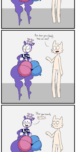 anthro antlers balloon bar_emanata bedroom_eyes big_butt bottom_heavy bubble_butt buckteeth butt cheek_tuft clothing countershade_tail countershading curvy_figure dialogue duo emanata eyelashes facial_tuft featureless_feet featureless_hands feet femboy fur hand_on_hip heart_nose heart_symbol horn inflatable looking_at_another looking_back looking_back_at_another male narrowed_eyes pattern_clothing pattern_shirt pattern_topwear purple_body purple_fur seductive shirt small_waist striped_clothing striped_shirt striped_topwear stripes tail teeth text thick_thighs thong topwear tuft underwear wide_hips thatdawgmurray happy_tree_friends mime_(htf) deer mammal absurd_res aliasing comic digital_media_(artwork) english_text hi_res
