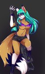 anthro areola areola_slip biped breasts eyeliner female gun hair highlights_(coloring) makeup posed purple_eyeliner purple_highlights ranged_weapon rifle sniper_rifle solo teal_hair weapon anonymous_artist farah_(farahfox) canid canine fox mammal hi_res