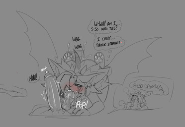 anthro ball_worship balls bat_wings big_balls big_butt big_ears big_penis biped blush blushing_profusely bodily_fluids body_worship butt butt_from_the_front crotch_tuft drooling ear_piercing ear_ring erection female genital_fluids genital_worship genitals hair high-angle_view kneeling_oral_position long_hair looking_pleasured looking_up_at_partner male male/female membrane_(anatomy) membranous_wings moan pawpads penis piercing precum ring_piercing saliva saliva_on_balls short_tail spread_wings tail tail_motion tailwag text thought_bubble tuft vaginal_fluids wings proxicute woefully_medic bat canid canine canis domestic_dog mammal english_text