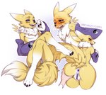 anthro anus black_sclera blue_eyes blush butt butt_grab countershading disembodied_hand female flat_chested fluffy fluffy_tail fur genitals hand_on_butt humanoid_hands looking_at_viewer nude pose purple_pussy pussy simple_background solo_focus tail white_background yellow_body yellow_fur michikochan bandai_namco digimon canid digimon_(species) mammal renamon 2022 digital_media_(artwork) pinup shaded sketch_page