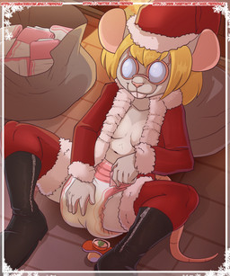 anthro bag blonde_hair bodily_fluids boots clothing computer_mouse costume diaper exposed_diaper eyewear female fireplace footwear fur genital_fluids glasses grey_body grey_fur groping_crotch groping_diaper hair inside legwear lying on_back red_clothing santa_costume shoes smile smirk solo stockings unclean_diaper urine used_diaper wet_diaper paddedulf elizabeth_(paddedulf) hi_res