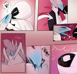 alternate_form anthro arthropod_abdomen bite black_body blue_penis blue_tongue blush clothing duo erection female genitals gynomorph gynomorph/female heart_symbol intersex intersex/female kissing nude nude_gynomorph penis shove speech_bubble tongue white_body lordsapathy hollow_knight:_silksong hollow_knight_(franchise) team_cherry hornet_(hollow_knight) lace_(hollow_knight:_silksong) arthropod mammal comic