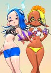 bikini cleavage_cutout clothing cutout duo female hand_holding looking_at_viewer midriff not_furry pseudo_hair pupils swimwear tentacle_hair tentacles thigh_gap two-piece_swimsuit unusual_pupils koharuno2 nintendo splatoon frye_(splatoon) shiver_(splatoon) cephalopod humanoid inkling marine mollusk octarian octoling hi_res