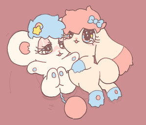 accessory alternative_fashion ambiguous_gender anthro bangs big_eyes blue_hair bow_ribbon chibi duo eyelashes fairy_kei glistening glistening_eyelids glistening_eyes gloves_(marking) hair hair_accessory hair_bow hair_ribbon hairclip j-fashion leg_markings lidded_eyes markings nude on_model paws pink_hair plushie ribbons round_ears scut_tail short_tail socks_(marking) star tail tail_tuft tuft white_body matuska peropero_sparkles cune_(peropero_sparkles) melo_(peropero_sparkles) alien animate_inanimate lagomorph leporid living_plushie mammal mouse murid murine rabbit rodent pastel_theme