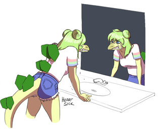5_fingers anthro back_spikes blue_eyes bodily_fluids bottomwear breasts clothed clothing denim denim_bottomwear denim_clothing denim_shorts female fingers green_hair hair hotpants mirror mirror_reflection reflection shorts simple_background solo spiked_tail spikes spikes_(anatomy) tail tears heartsick cavemanon_studios goodbye_volcano_high ko_op_(game_developer) snoot_game stella_(gvh_beta) dinosaur ornithischian prehistoric_species reptile scalie stegosaurian stegosaurus thyreophoran