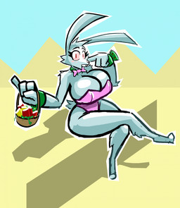 anthro basket big_breasts breasts cleavage clothed clothed_anthro clothed_female clothing container crossed_legs cuffs_(clothing) female fur holding_basket holding_container holding_object holidays huge_breasts leotard looking_at_viewer pink_clothing pink_leotard solo thick_thighs white_body white_fur wide_hips aygee easter soft_(aygee) lagomorph leporid mammal rabbit 2026 hi_res