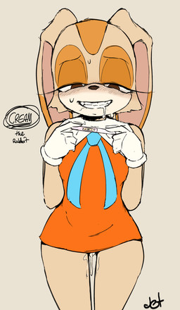 anthro blue_cravat blush blush_lines bodily_fluids brown_eyes brown_nose clothing cravat dipstick_ears dress dripping ear_markings ears_back ears_down eye_markings eyelashes fangs female fur genital_fluids gloves grey_background grin half-closed_eyes handwear loli long_eyelashes markings multicolored_ears narrowed_eyes orange_clothing orange_dress orange_ears orange_markings pink_inner_ear pivoted_ears positive_pregnancy_test pregnancy_test pregnant saliva simple_background smile sweat sweatdrop tan_body tan_ears tan_fur teeth teeth_showing underage_pregnancy vaginal_fluid_drip vaginal_fluids white_body white_clothing white_fur white_gloves white_handwear young jeteggs sega sonic_the_hedgehog_(series) cream_the_rabbit lagomorph leporid mammal rabbit absurd_res hi_res