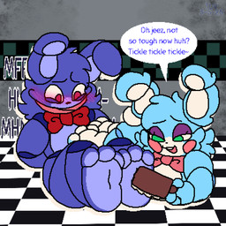 3_toes anthro blush blush_lines bound bow_tie brushing_feet buckteeth circle_(marking) duo eyelashes eyeshadow feet gag gagged green_eyes joints machine makeup male male/male muffled muffled_laughing paw_tease paws pink_eyes restrained_arms restraints robotic scut_tail short_tail shoulder_length_hair tail tail_motion tailwag teasing teasing_with_feet teeth tickle_torture tickling tickling_feet ticklish_male toes conditional_dnp tuvandalist five_nights_at_freddy's five_nights_at_freddy's_2 scottgames bonnie_(fnaf) toy_bonnie_(fnaf) lagomorph leporid mammal rabbit robot robot_anthro 1:1 alternate_version_at_source animated hi_res