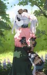 5_fingers anthro black_ears black_markings black_nose blurred_background bottomwear butt claws clothed clothing eye_markings female fingers fluffy fluffy_tail fur green_bottomwear green_clothing green_eyes green_skirt grey_body grey_fur hair leaf lips long_hair markings nature nature_background pink_clothing pink_lips pink_shirt pink_topwear plant ponytail shirt skirt smile solo spots tail topwear tree white_body white_fur white_hair noviraine november_(noviraine) bear felid giant_panda hybrid mammal pantherine snow_leopard 2025 digital_media_(artwork) signature trans_(lore)