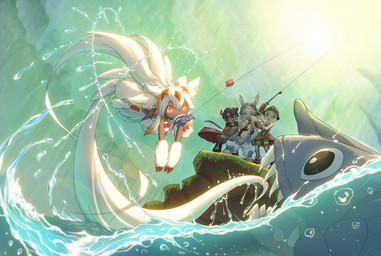 4_arms dark_body dark_skin duo female fishing fishing_rod fur multi_arm multi_limb multi_tail outside tail water wucai_banlan_yu made_in_abyss faputa nanachi reg_(made_in_abyss) riko_(made_in_abyss) fish humanoid marine narehate absurd_res hi_res