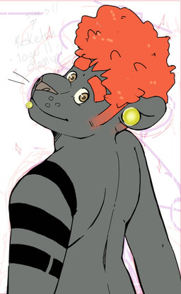 anthro arm_tattoo black_body black_fur brown_eyes ear_piercing eyebrows facial_piercing flesh_tunnel fur gauged_ear hair labret_piercing lip_piercing looking_at_viewer looking_back looking_back_at_viewer male male_anthro mullet nude_anthro nude_male piercing red_hair simple_background smile solo tattoo whisker_spots white_background p_rindustries gale_(p_rindustries) felid mammal pantherine 2020 guide_lines hi_res