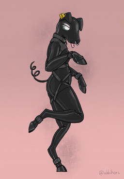 anthro bdsm biped black_collar collar ear_piercing ear_tag facial_piercing hooves multiple_piercings nose_piercing nose_ring on_one_leg piercing pink_background ring_piercing septum_piercing septum_ring simple_background solo standing tongue tongue_piercing tongue_stud yellow_ear_tag abbihors domestic_pig mammal suid suine sus_(pig) 2022 hi_res trans_(lore) trans_woman_(lore)