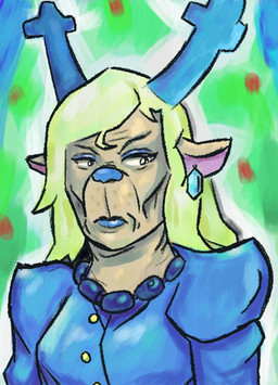 abstract_background anthro female grumpy looking_at_viewer solo apollo_caelum_(artist) deltarune disco_elysium undertale_(series) carol_holiday deer mammal new_world_deer reindeer digital_media_(artwork) painting_(artwork)