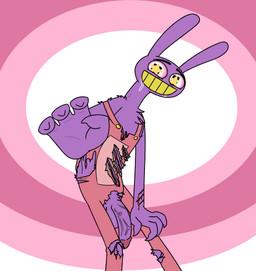 anthro balls bite_mark bodily_fluids claw_marks claws clothed clothing drooling genitals male penis reaching_towards_viewer saliva solo torn_clothing vein veiny_penis aaron_amethyst glitch_productions the_amazing_digital_circus jax_(tadc) lagomorph leporid mammal rabbit absurd_res hi_res