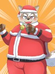 anthro bell bell_collar belly belt blush brown_body brown_fur christmas_clothing christmas_headwear clothing collar costume electronics eyebrows fur hair hat headgear headwear heterochromia holidays male microphone santa_costume santa_hat slightly_chubby solo thick_eyebrows white_hair young young_anthro benisyougayaki christmas lifewonders tokyo_afterschool_summoners masashi_(tas) canid canine canis domestic_dog mammal hi_res