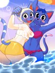 3:4 absurd_res animal_crossing anthro bar_emanata bikini blue_body blue_fur blue_hair blush blush_stickers bottomwear butt clothed clothing cute_fangs domestic_cat duo emanata englam felid feline felis female fur hair hi_res holding_object holding_pool_toy legs_in_water lens_flare looking_at_viewer looking_back mammal markings midriff mitzi_(animal_crossing) multicolored_body multicolored_fur narrow_tail nintendo nipple_outline open_mouth partially_submerged pool_toy rosie_(animal_crossing) sea shirt shorts smile standing standing_in_water striped_markings striped_tail stripes submerged_legs sun swimwear tail tail_markings thin_tail topwear two-piece_swimsuit two_tone_body two_tone_fur water wavy_tail wet wet_clothing wet_shirt wet_topwear white_body white_fur